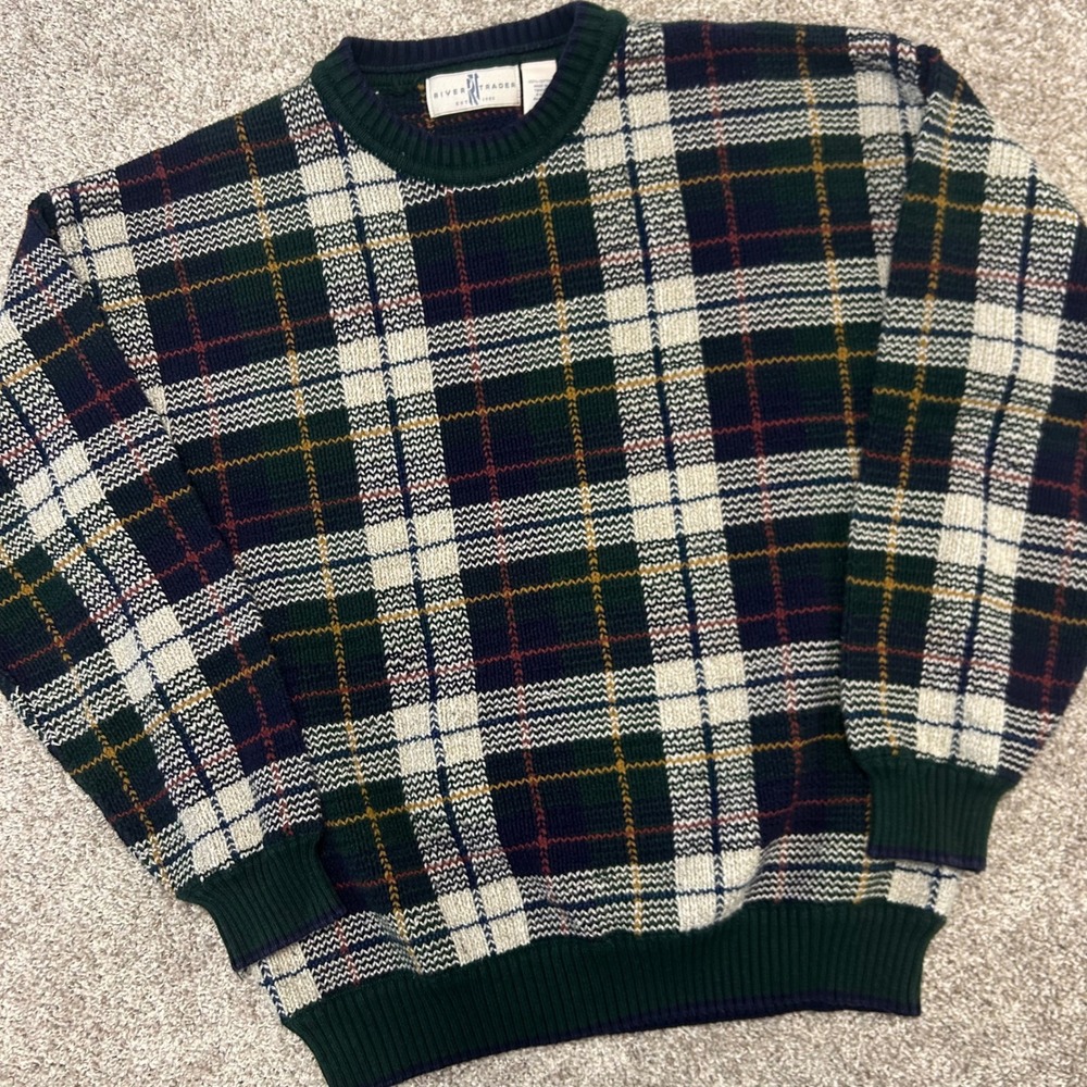 Vintage River Trader‎ Crewneck Sweater Plaid Men Size Large Cotton Preppy